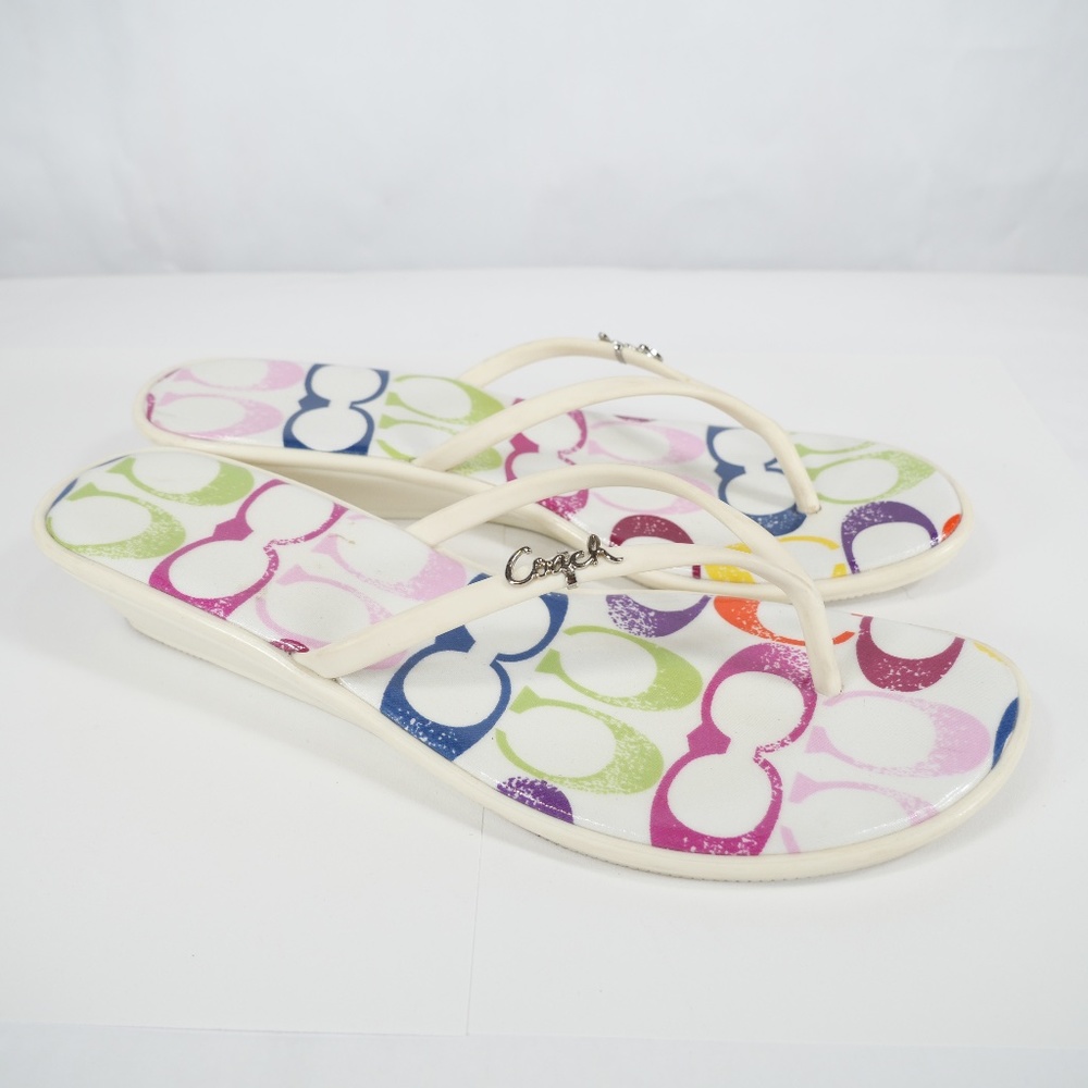 Coach Dorann Wedge Flip Flop Sandals White Multi Color Logo Size 7.5 B